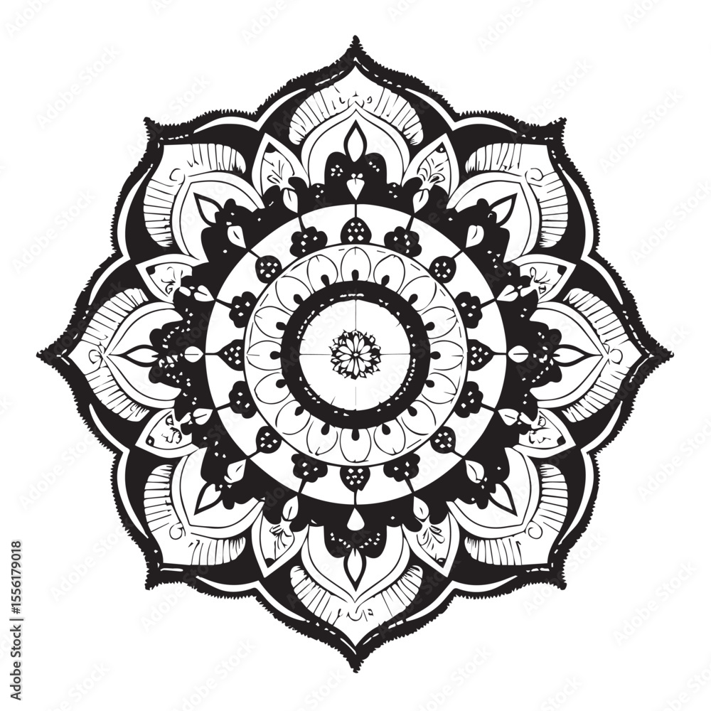 Intricate black and white mandala design with symmetrical floral patterns and sharp jagged outer edges on a white background Intricate black and white mandala design with symmetrical floral patterns and sharp jagged outer edges on a white background