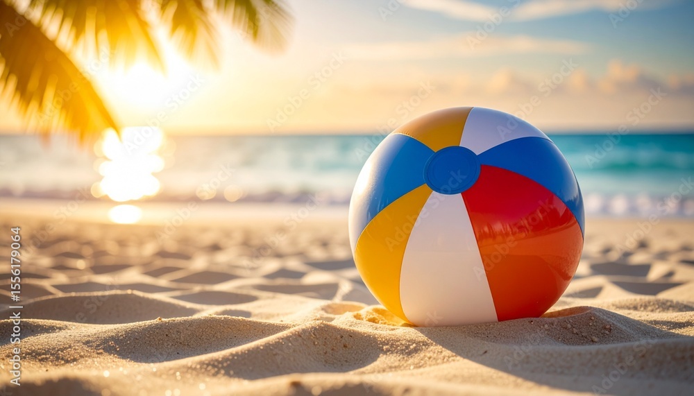 Obraz premium 夏のレジャー、砂浜と海とビーチボール、夏を感じる背景画像 Generated by AI 