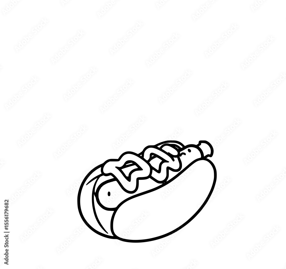 Hot Dog Delight: A simple line art illustration depicts a delicious hot dog in a bun, topped with mustard, creating a playful and appetizing image. Hot Dog Delight: A simple line art illustration depicts a delicious hot dog in a bun, topped with mustard, creating a playful and appetizing image.