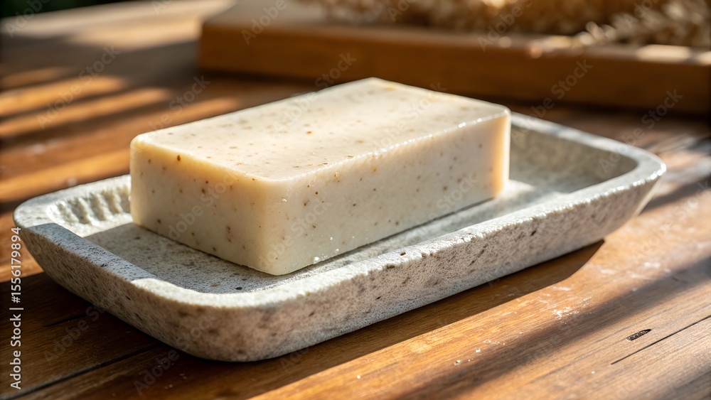 A bar of natural soap with gentle flecks rests on a rustic stone soap dish, softly illuminated by warm sunlight on a wooden table. A bar of natural soap with gentle flecks rests on a rustic stone soap dish, softly illuminated by warm sunlight on a wooden table.