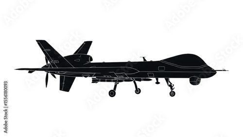Black Silhouette of MQ-9 Reaper Drone – Side View Military UAV with Gear and Payload Outline

