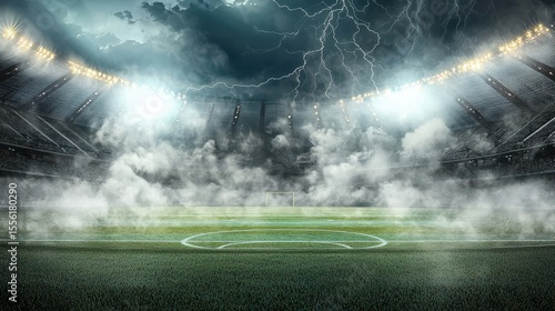 Dramatic football stadium under lightning storm and fog