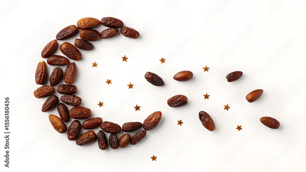 Obraz premium “Crescent Moon and Stars Made of Dates – Ramadan Celestial Fruit Art on White Background”