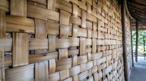 Intricate woven bamboo wall.  Close-up view of a traditional weaving technique, creating a textured wall pattern.  Natural light highlights the craftsmanship