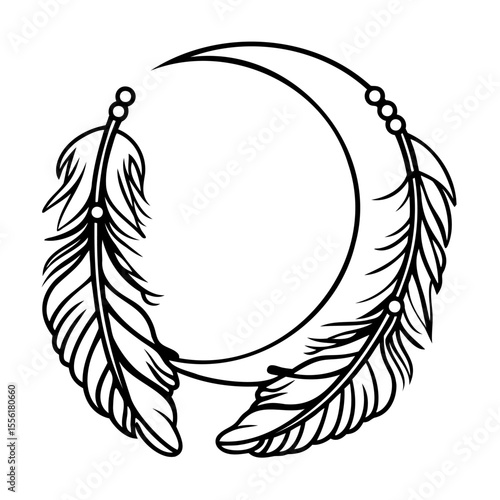 Elegant bohemian crescent moon frame with feathered elements in black and white vector