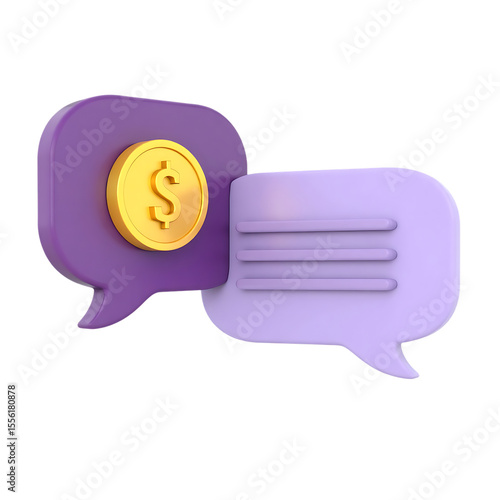 3D Render of Purple Chat Bubbles with Gold Coin