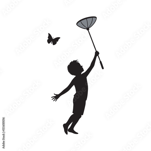 Boy catching butterfly silhouette vector illustration