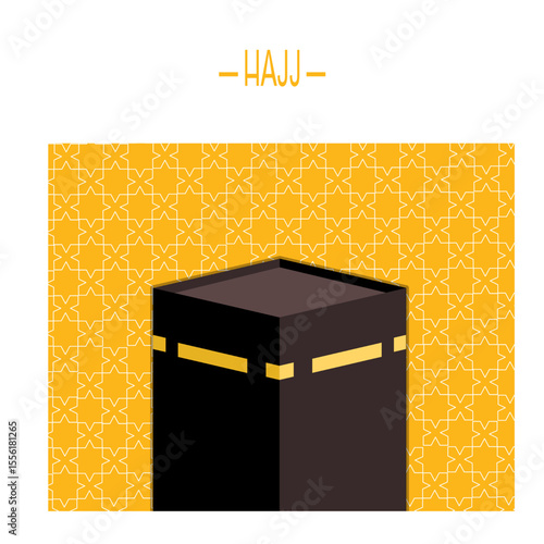 Hajj pilgrimage flat with silhouette and shape of kaaba building and stoning for social media post, banner and poster design