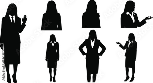 Collection of Diverse Businesswoman Silhouettes: Professional Female Poses for Corporate, Success, Leadership, Empowerment, and Office Themes, Ideal for Various Concepts"