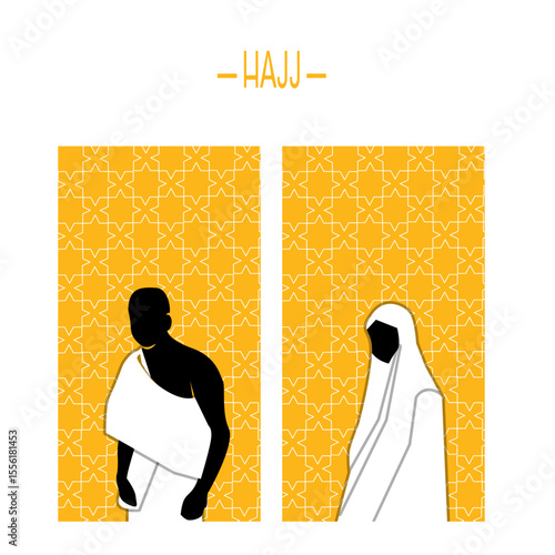 Hajj pilgrimage flat with silhouette and shape of kaaba building and stoning for social media post, banner and poster design