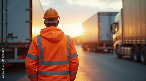 logistics worker in orange high-visibility jacket supervising truck loading at warehouse, industrial area, late afternoon sunlight, professional photo style