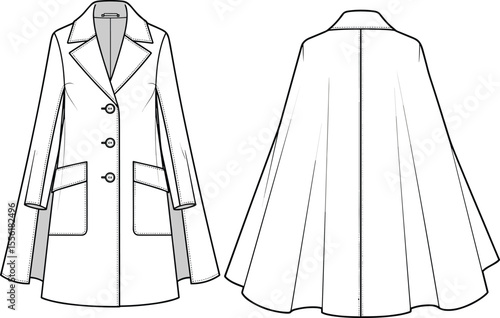 Women's cape coat front and back view, buttoned fashion outerwear, pocket detail, technical flat sketch, apparel design cad drawing illustration