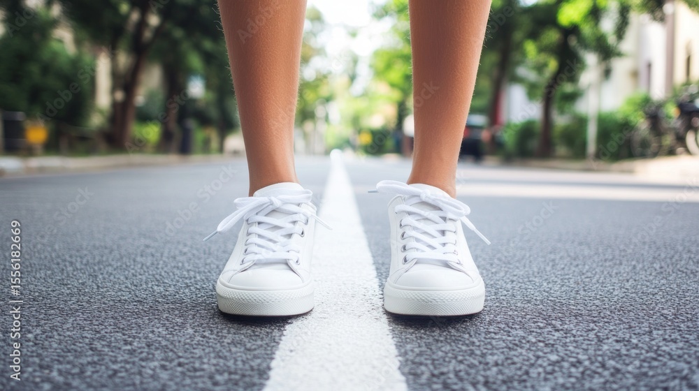 Woman's feet in white sneakers on city street Woman's feet in white sneakers on city street