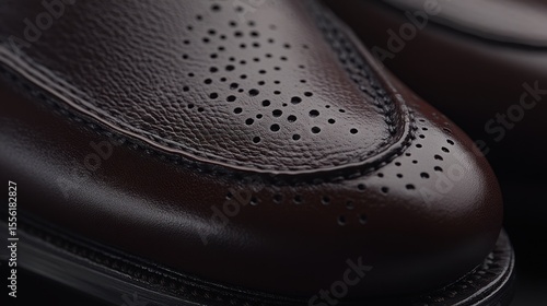 Close-up of dark brown leather brogues.  Detailed perforated detailing