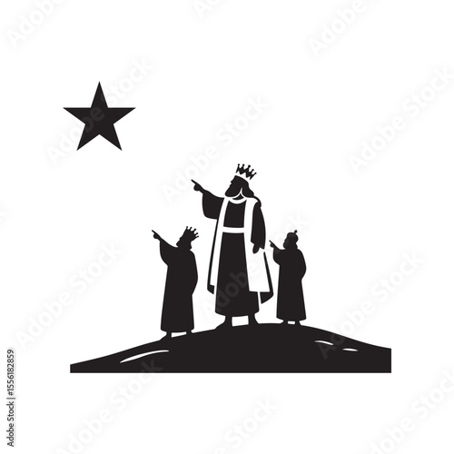 Three Kings Pointing at Star – Christian Journey of Faith Silhouette Vector in Black and White