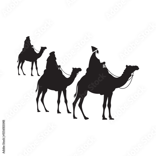 Three Wise Men on Camels Following Star – Silhouette Vector in Black and White Minimal Style

