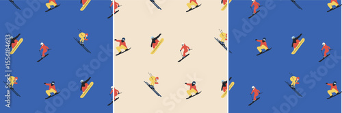 Wallpaper Mural Seamless winter sports pattern with snowboarders and skiers in motion. Flat vector repeat design with people on snowy background, perfect for fabric, packaging, wrapping paper, and seasonal design. Torontodigital.ca