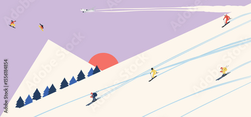 Evening winter landscape with skiers on a snowy slope, airplane trail in the sky, and pink sun setting behind the mountains. Flat vector illustration with peaceful atmosphere and minimal style.