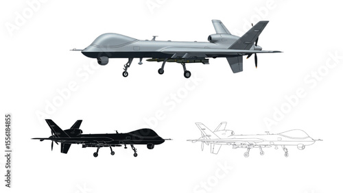 MQ-9 Reaper Drone 3 Styles: Realistic, Silhouette & Line Art Illustration for Military or Aviation Use

