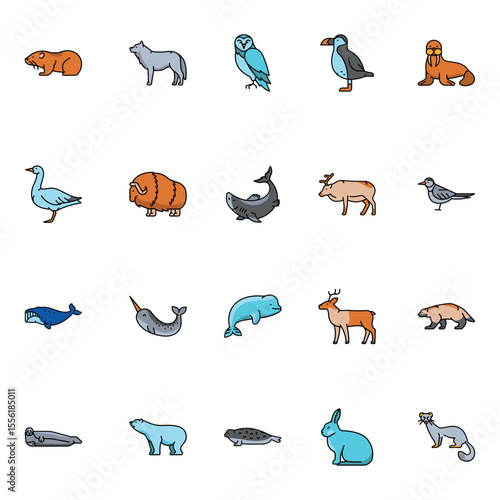 Arctic animals color line icons set for digital and print projects. Arctic animals.