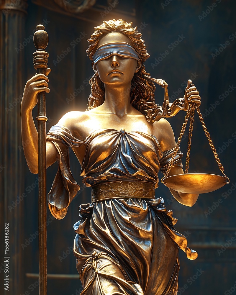 Obraz premium ai judge holding balance scale with bias symbols fairness and justice in artificial intelligence conceptual courtroom illustration digital art