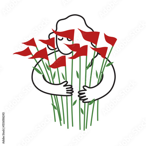 Conceptual psychological symbol of bad relationships, simple drawn sad girl holding a bouquet of red frags instead flowers - marker of toxic, manipulative, abusing, violent partner. Dating experience.