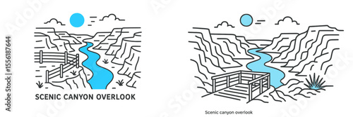 Scenic canyon overlook showcases river winding through cliffs under a clear blue sky with a railing in view