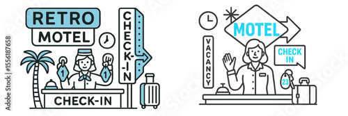 Retro motel check-in desk with staff welcoming guests, featuring bright colors and vintage design in a tropical setting