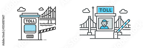 Toll booth and bridge illustration depicting road travel with a toll collection process