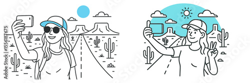 Selfies taken by young women in a desert landscape under a vibrant sky with distinctive mesas and cacti during daytime