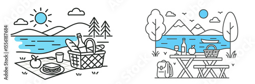 Enjoying a relaxing picnic by a tranquil lake surrounded by mountains and trees during a sunny day
