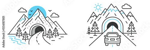 Mountain landscape with road and tunnels illustrating nature and travel concepts for outdoor adventures