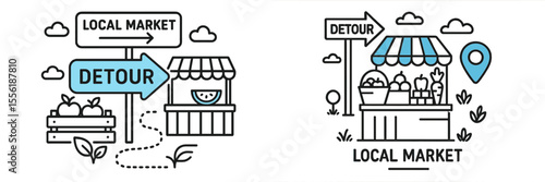 Local market signs with detour indication in a vibrant outdoor setting showcasing fresh produce and community elements