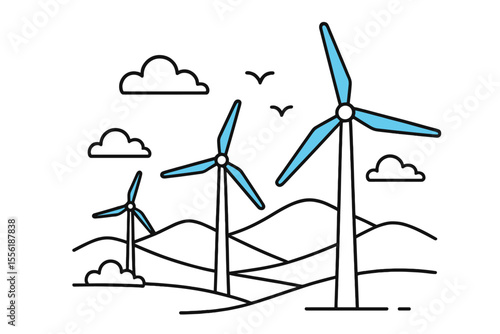 Wind turbines generate renewable energy in a scenic landscape amidst rolling hills and clouds
