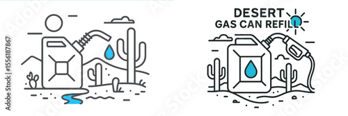 Gas canister filling in a desert landscape with cacti and sun creating a serene atmosphere for adventure seekers