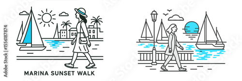 Marina sunset walk showcases peaceful evening stroll beside boats and water under a vibrant sky