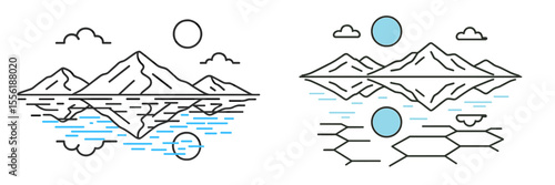 Artistic representation of mountain landscapes and reflections on water during a clear day