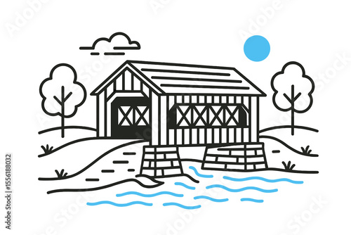 Charming covered bridge over a tranquil stream surrounded by trees in a serene landscape during bright daytime