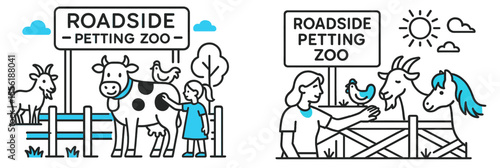 Visit to a roadside petting zoo featuring children interacting with animals in a sunny outdoor setting