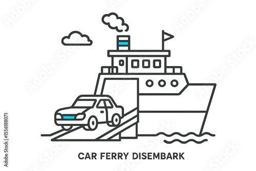 Car ferry disembarkation process showing vehicle exiting at the harbor during a sunny day