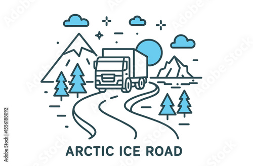 Truck driving along a winding road in the Arctic surrounded by mountains and trees under a clear blue sky during the day