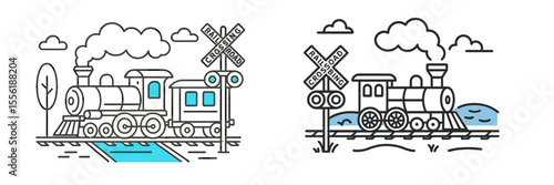 Vintage train illustration at a railroad crossing with clouds and trees in a simple graphic style