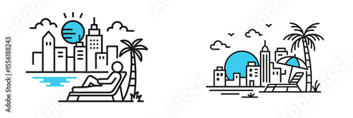 Relaxing by the waterfront during a sunny day in a vibrant urban environment with modern skyline and palm trees