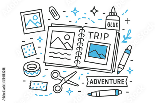 Creative scrapbook page showcasing travel memories with pictures, glue, and craft materials in a colorful design