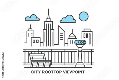 City rooftop viewpoint showcasing skyline and observation device during clear day with few clouds