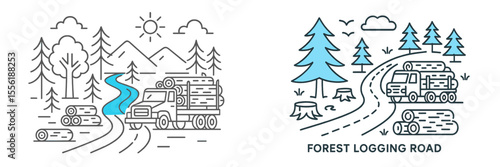 Logging truck transporting timber along a tree-lined forest road during daylight hours in a mountainous landscape