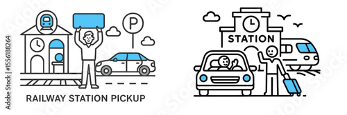 Railway station pickup service for travelers arriving by train with vehicles and signs indicating location