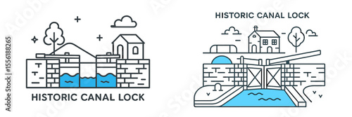 Historic canal lock showing intricate design and functionality in a scenic landscape with trees and buildings