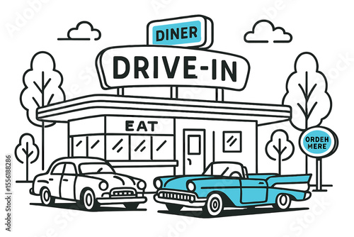 Classic diner drive-in with vintage cars in a vibrant setting on a sunny day