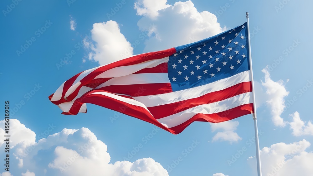 Naklejka premium American Flag in the Wind: The iconic American flag waves proudly against a vibrant blue sky dotted with fluffy clouds, symbolizing freedom, unity, and national pride.